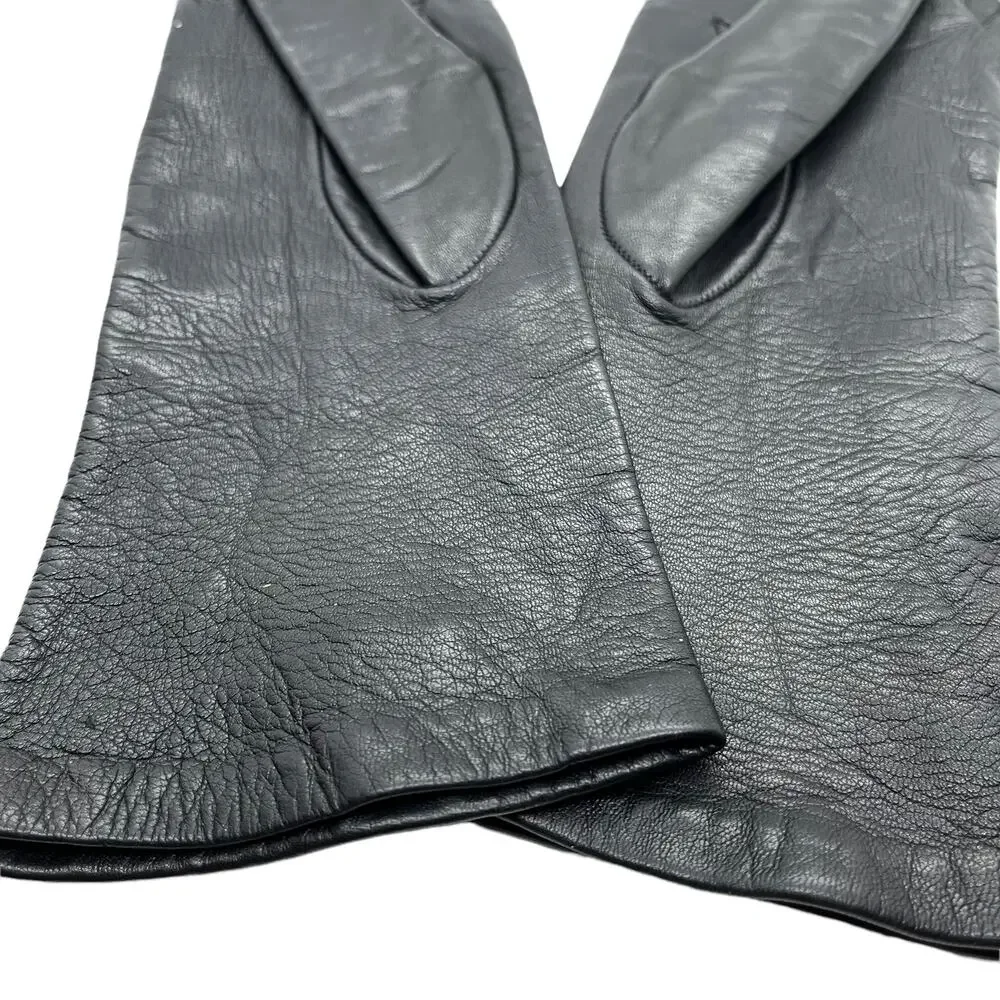 Black Leather Gloves Made in Italy Silk Lined Vintage 1960s Women's Size 7